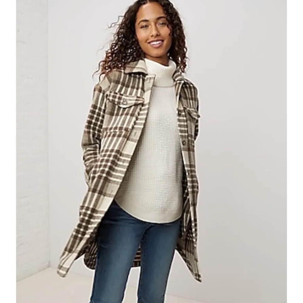 UpWest Plaid Long Shacket in Cream and Brown